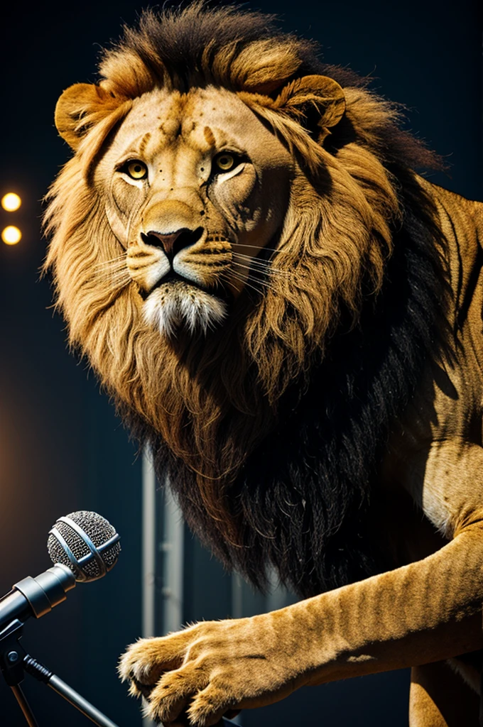 Chameleon human fused with a lion with a microphone in his hand