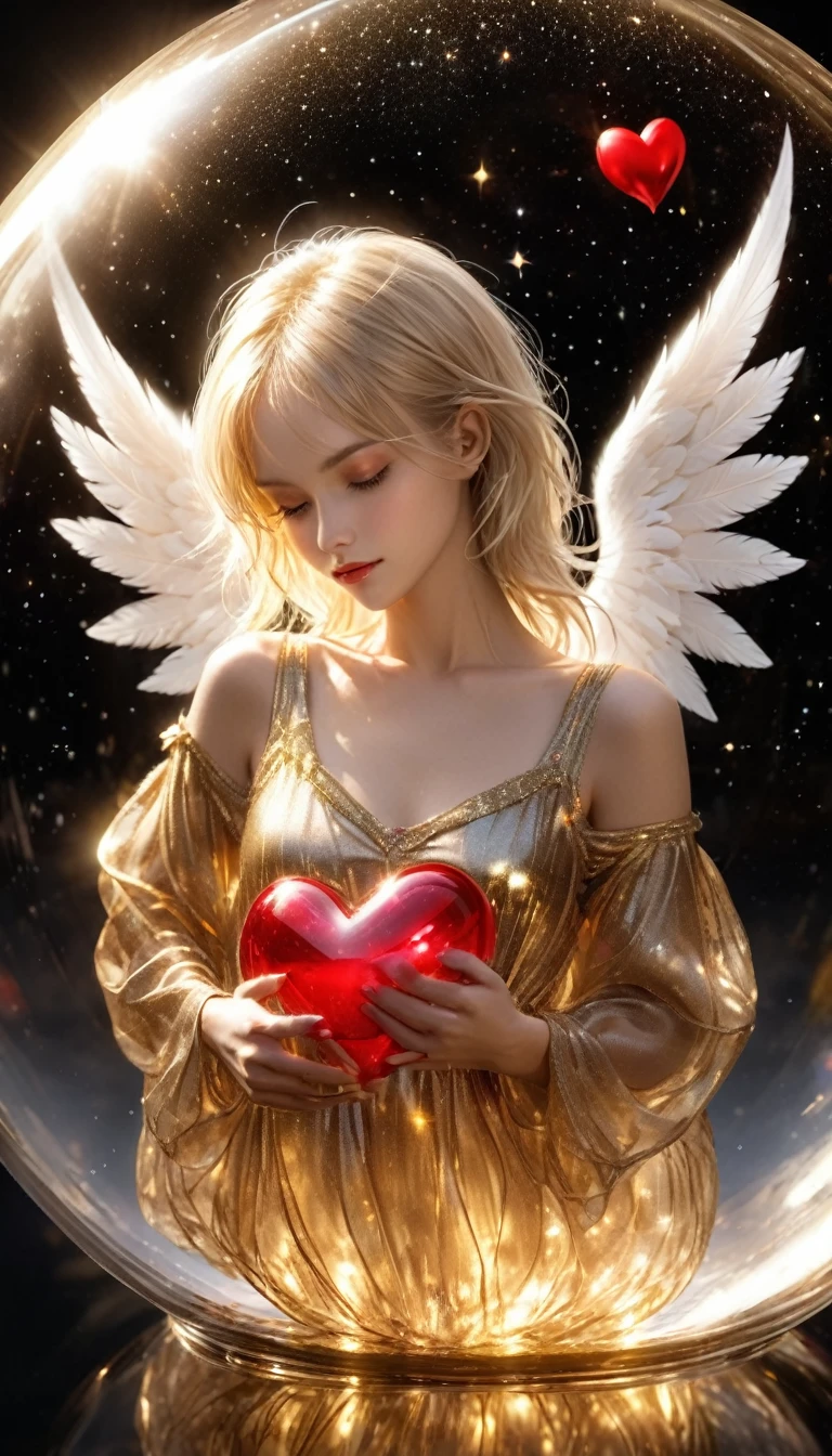 In a golden transparent glass bubble, Dark Star Background, Beautiful blonde 30 year old angel with a red heart, k resolution super detailed