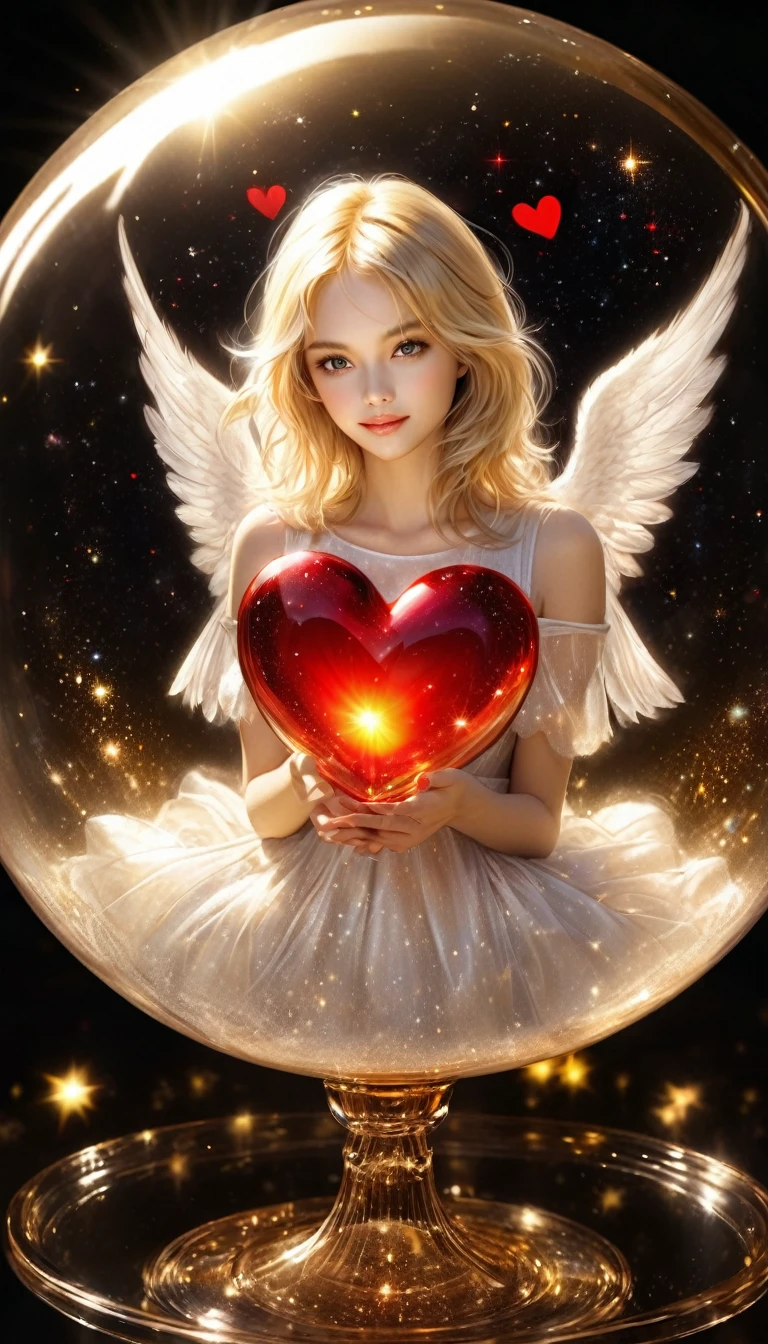 In a golden transparent glass bubble, Dark Star Background, Beautiful blonde 30 year old angel with a red heart, k resolution super detailed