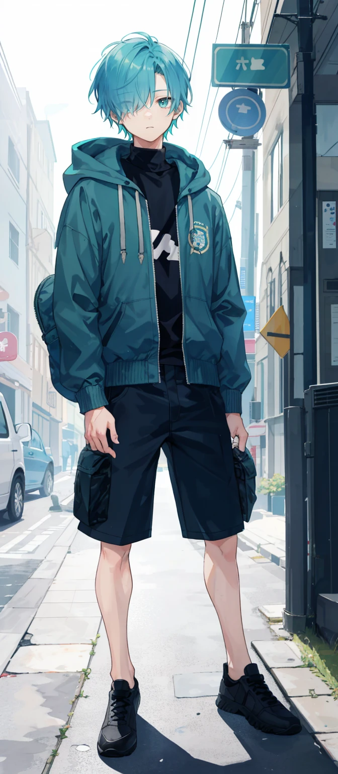 1 boy, , short hair, hair over one eye, aqua hair, flipped hair, turtle neck, cargo shorts, hooded jacket,
