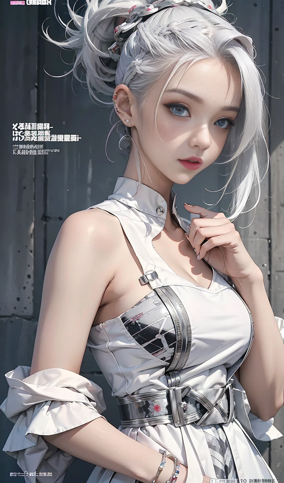 best quality, masterpiece, high resolution, 1 Girl, Super beautiful face, Super beautiful eyes, Super Beautiful Platinum White Mohawk Hairstyle，(magazine cover:1.2)，Popular Harajuku rock outfit