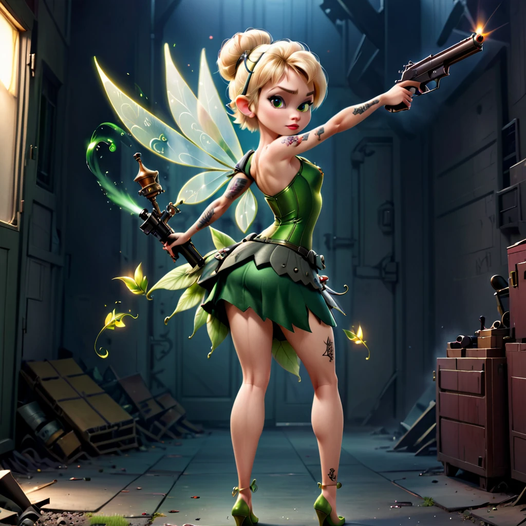 evil Tinkerbell with tattoos and a gun. wears military clothing
