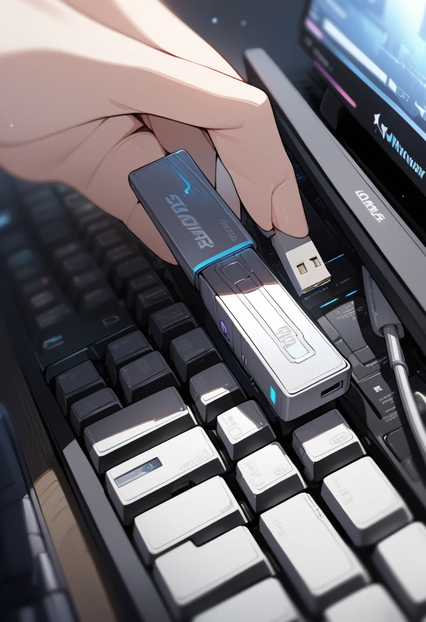 ((background only)),masterpiece, best quality, extremely detailed, ultra detailed, flat anime, 2D, close-up of a female hand, inserting a USB flash memory into a sliver laptop's side USB port, laptop keyboard is visible, the USB flash memory has a black casing,