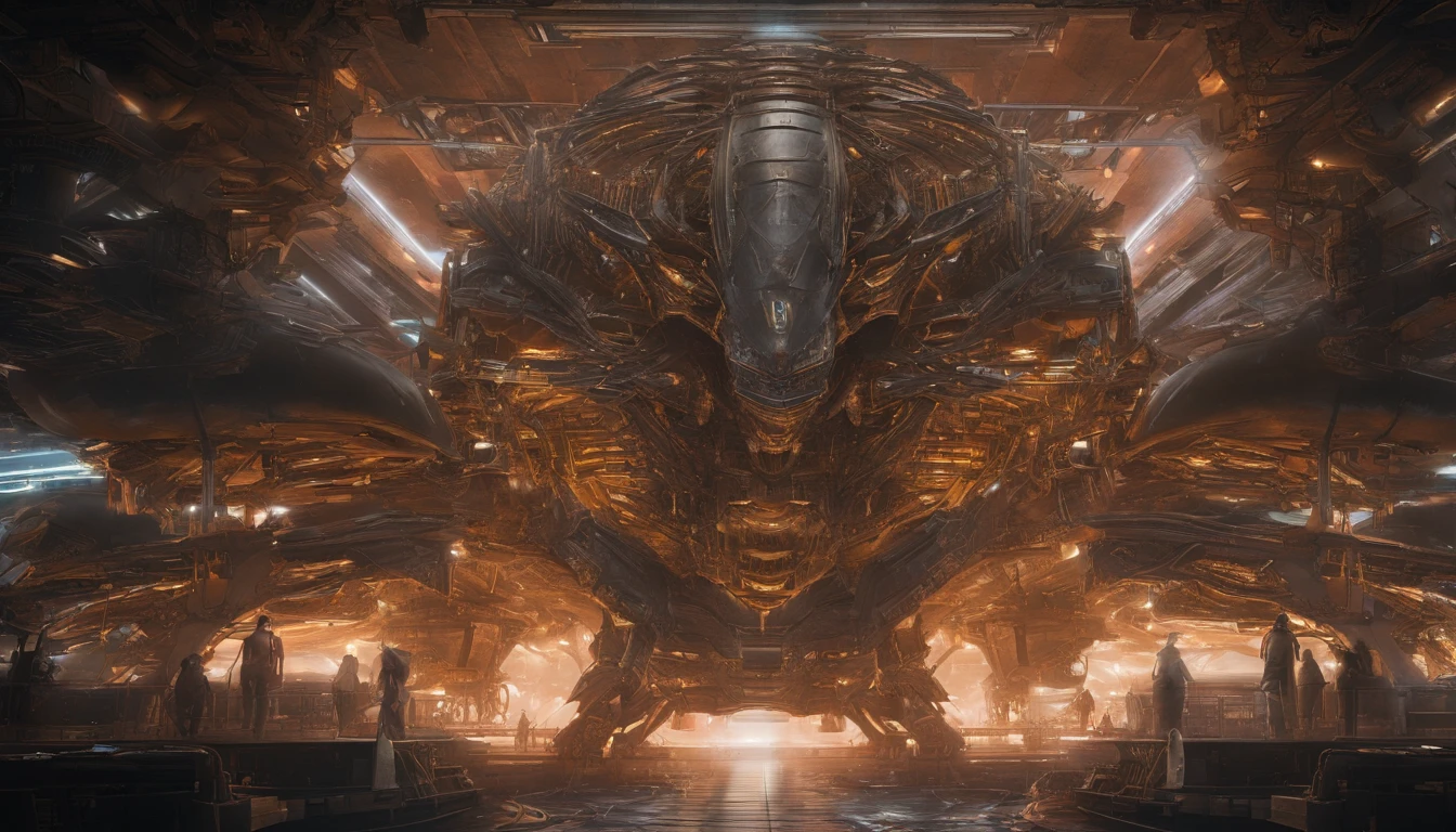 Sci-fi starship embodies biomechanical design, complex and detailed against the stark contrast of space, intricate beams and panels reflect an orange and beige palette, enveloped in a blur and haze that adds a mysterious ambiance, features illuminated by strategic lighting effects evoking drama, dark ambience, spacecraft designed in the manner of Ridley Scott, Mary Shelley, and James Cameron influences, includes an overlay of vintage da Vinci, Broken Glass effect, no background, stunning, something that even doesn't exist, mythical being, energy, molecular, textures, iridescent and luminescent scales, breathtaking beauty, pure perfection, divine presence, unforgettable, impressive, breathtaking beauty, Volumetric light, auras, rays, vivid colors reflects