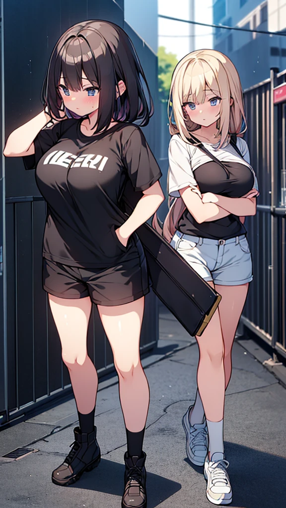 Full body image, front, One girl, 18-year-old, Mix 4, (32K, RAW Photos, Highest quality, masterpiece:1.2), (Anime-like, photoAnime-like:1.37), cute, Short sleeve T-shirt,Shorts,Black knee socks, night, rain, Humidity, Professional Lighting, Photon Mapping, Radio City, Physically Based Rendering, Super Resolution, (Big Breasts:1.2), {{The biological weapon that had preyed on the younger sister took her place and reunited with the older brother, The rebellious little sister has become the obedient little sister}}, Girl Skull, whole body, NSFW