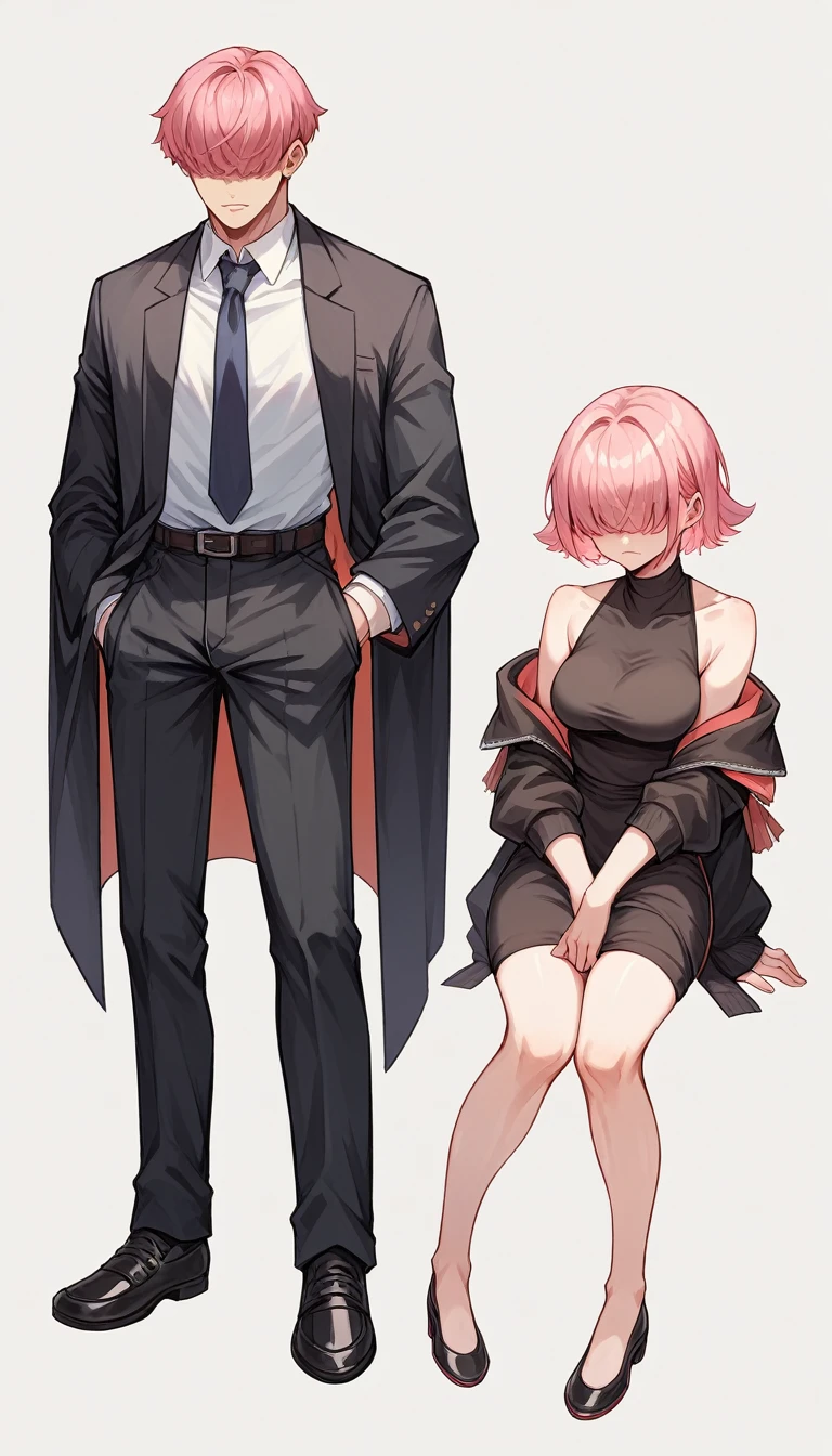 Elegg (NOD) hair with bangs covering the eyes,   full body pink hair wearing a black suit 