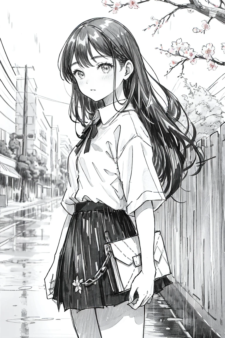 1girl,Line Art,monochrome,sketch,Pencil drawing,traditional media,1girl, black skirt, branch, building, chain-link fence, cherry blossoms, fence, long hair, outdoors, petals, pleated skirt, rain, shirt, short sleeves, skirt, solo, standing, tree,
sky,street