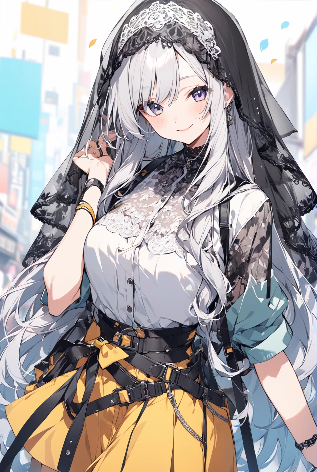 Wearing a veil,Cute woman with a smile,Long Hair、Cool clothes