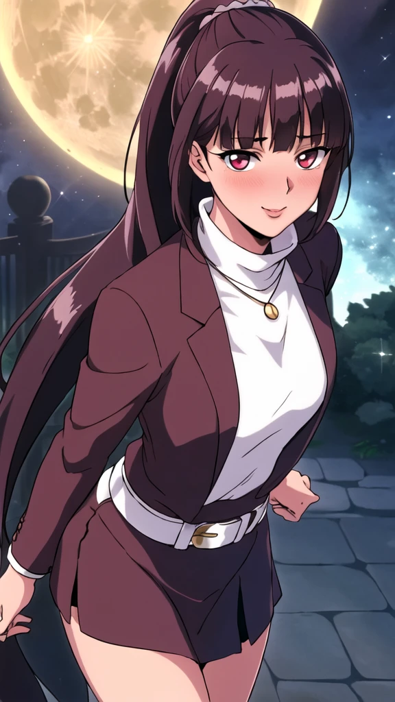 white cape turtleneck, black pencil shirt,black short skirt, belt,hair ornament, hair scrunchie, low ponytail, downer ponytail, long hair, bangs, brunette, black hair, blunt bangs, big red eyes, alone, 1 girl, Young female, 18 years old, sexy gal, very cute, smile, Beautiful Finger,Beautiful long legs,Beautiful body,Beautiful Nose,Beautiful character design, perfect eyes, perfect face,expressive eyes, looking at viewer, in the center of the image,(light smile:0.5), official art, outdoor, portrait, perfect lighting,Colorful, Bright_Front_face_Lighting,shiny skin, (masterpiece:1.0),(best quality:1.0), ultra high res,4K,ultra-detailed, photography, 8K, HDR, highres, absurdres:1.2, Kodak portra 400, film grain, blurry background, bokeh:1.2, lens flare, (vibrant_color:1.2), (beautiful face), (slim body, curvy body), (ashamed, blushing), glossy lip rouge, glossy crimson rouge, (jealousy), SFW, seductive, charming,(attractive,enchanting,fascinating,captivating,bewitching,enthralling,entrancing,attractive,gripping,engrossing),airport,night,fullmoon,bluemoon,(flush, blush, flushing, suffusion),(perplexity; aporioneurosis; quandary; bewilderment; embarrassment),dallying,elegance,smart,beautiful long hair, brown blazer, silver metal moon necklace,