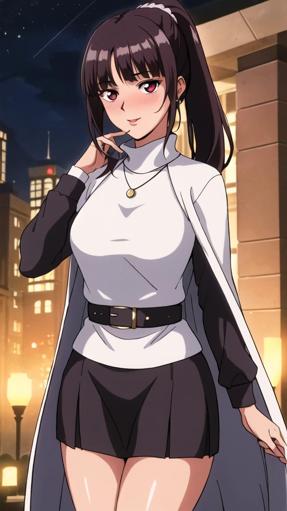 white cape turtleneck, black pencil shirt,black short skirt, belt,hair ornament, hair scrunchie, low ponytail, downer ponytail, long hair, bangs, brunette, black hair, blunt bangs, big red eyes, alone, 1 girl, Young female, 18 years old, sexy gal, very cute, smile, Beautiful Finger,Beautiful long legs,Beautiful body,Beautiful Nose,Beautiful character design, perfect eyes, perfect face,expressive eyes, looking at viewer, in the center of the image,(light smile:0.5), official art, outdoor, portrait, perfect lighting,Colorful, Bright_Front_face_Lighting,shiny skin, (masterpiece:1.0),(best quality:1.0), ultra high res,4K,ultra-detailed, photography, 8K, HDR, highres, absurdres:1.2, Kodak portra 400, film grain, blurry background, bokeh:1.2, lens flare, (vibrant_color:1.2), (beautiful face), (slim body, curvy body), (ashamed, blushing), glossy lip rouge, glossy crimson rouge, (jealousy), SFW, seductive, charming,(attractive,enchanting,fascinating,captivating,bewitching,enthralling,entrancing,attractive,gripping,engrossing),airport,night,fullmoon,bluemoon,(flush, blush, flushing, suffusion),(perplexity; aporioneurosis; quandary; bewilderment; embarrassment),dallying,elegance,smart,beautiful long hair, brown blazer, silver metal moon necklace,