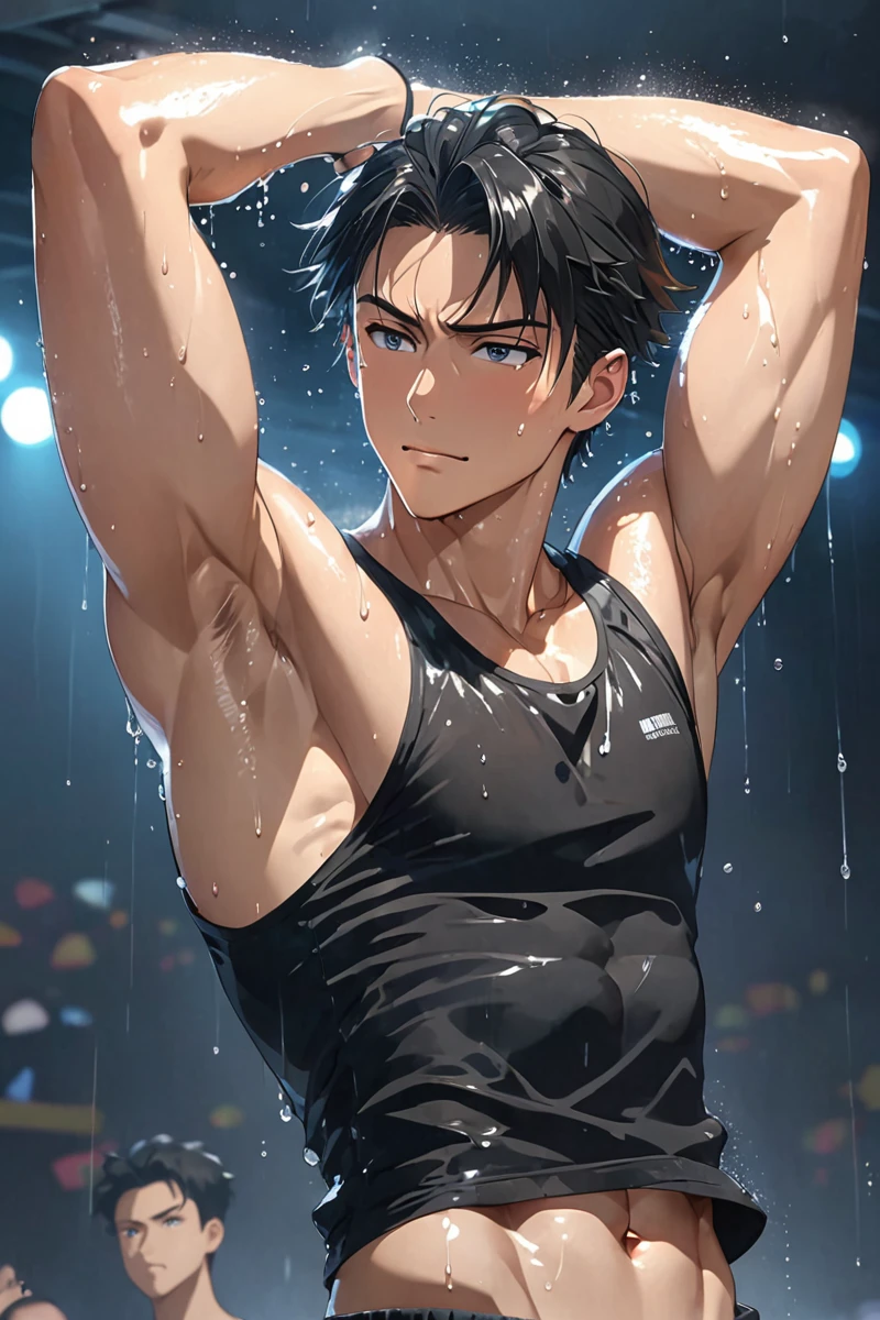 Sixpack anime guy in black tanktop, arms up, sweaty armpits