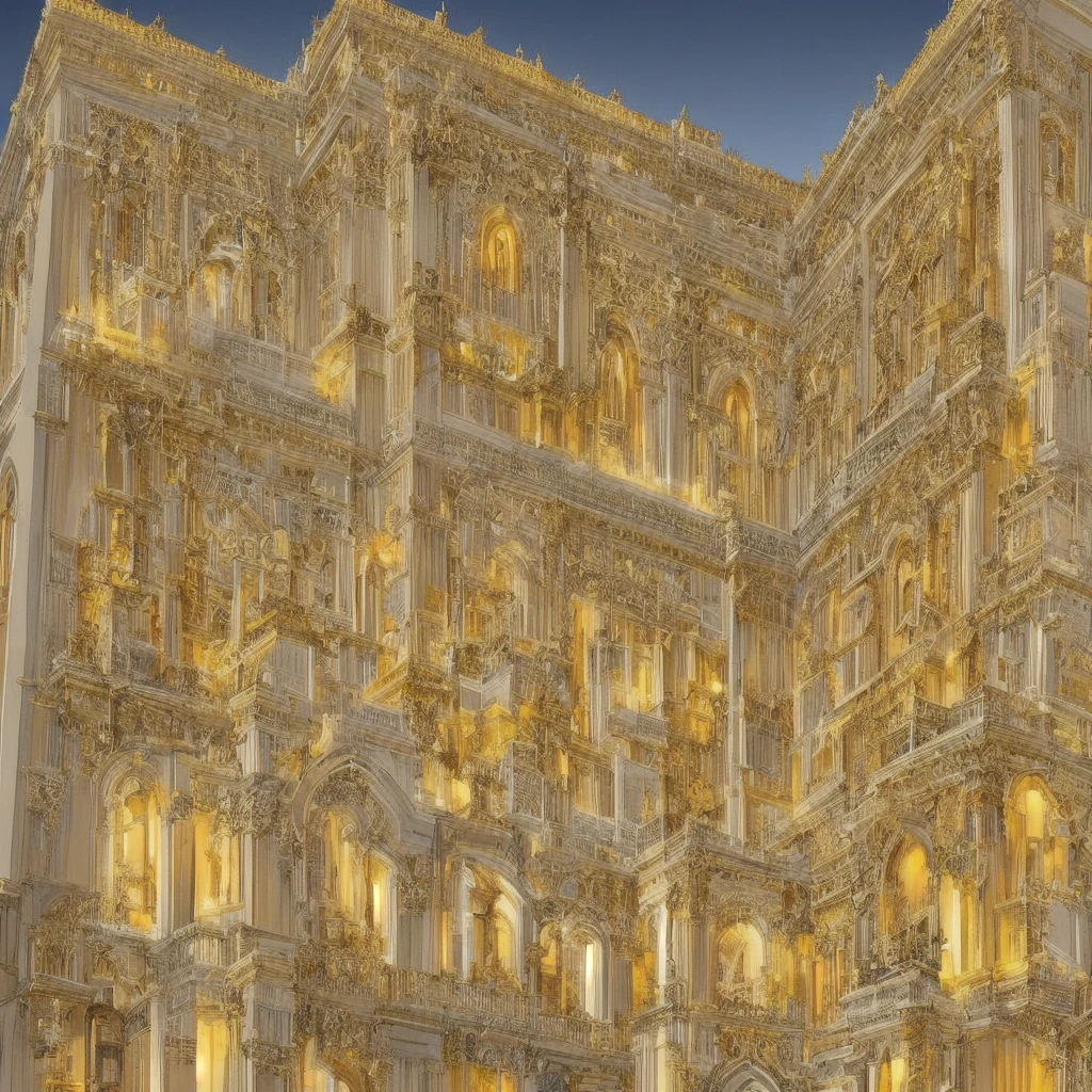 Very detailed, Magnificent architectural sketches,Golden Lights, Features a sophisticated tan and cream color scheme. The design features intricate lines and structures, Showcasing the intricate and beautiful design of a magnificent building.
