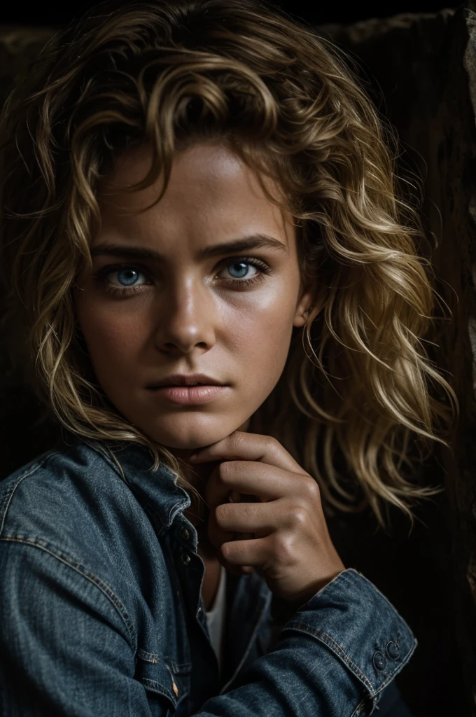 rompts Copy prompts photograph of a woman, (worried facial expression), textured skin, Goosebumps, afro blonde hair, plaid flannel shirt with distressed boyfriend jeans, cowboy shot, dark and mysterious cave with unique rock formations and hidden wonders, Perfect eyes, (candlelight,chiaroscuro), 160 color holder, shot on ARRI ALEXA 65, bokeh, sharp focus on the subject, shot by Don McCullin