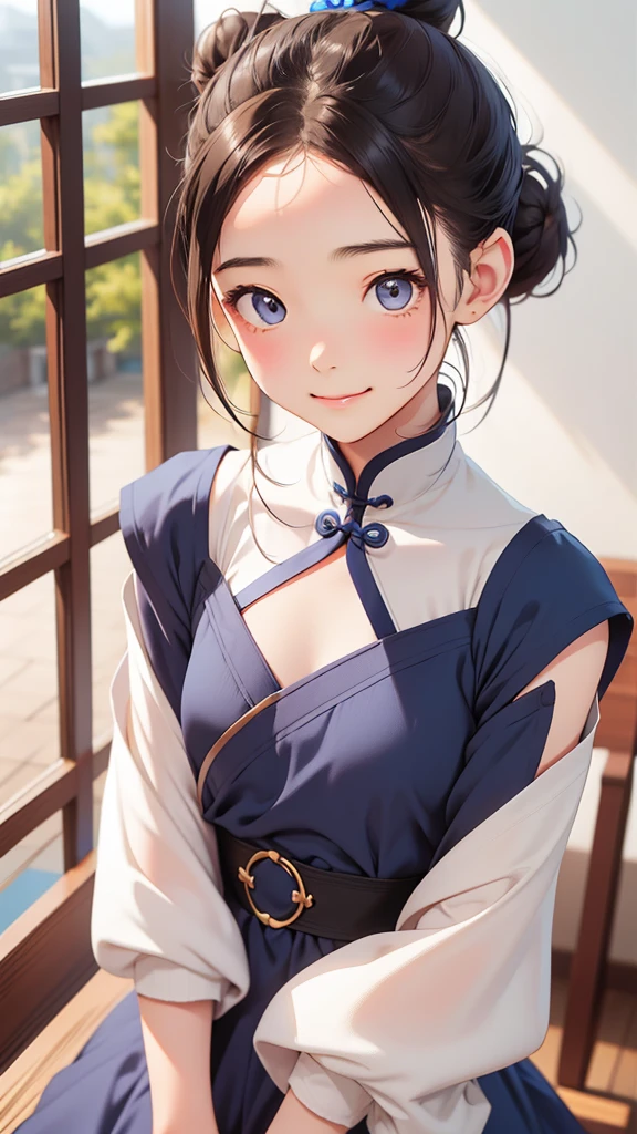 Highest quality、Realistic、girl、zoom、cute、Grey Eyes、Hair Bun、Chestnut Hair、Back to all、the forehead is protruding、Blue Chinese Dress、Looking down、Big smile、Bust Shot、thin、Small breasts