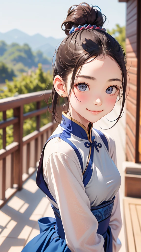 Highest quality、Realistic、girl、zoom、cute、Grey Eyes、Hair Bun、Chestnut Hair、Back to all、the forehead is protruding、Blue Chinese Dress、Looking down、Big smile、Bust Shot、thin、Small breasts