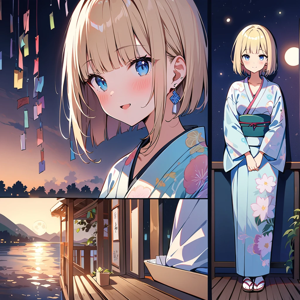 (masterpiece, Highest quality:1.2), One girl, (alone), , ((Pastel colored kimono)), (Are standing), Medium chest, Blunt bangs, Short blonde, (blue eyes), Earlobe Earrings, slim, slender feminine figure, Skinny body, blush, null, Nice views, Blur the background, 4K, Open your mouth, river, Hotel, smile, (with own hands), Tanabata, night, moon, clavicle, Cleavage, Japanese made sandals, outside, A piece of paper,