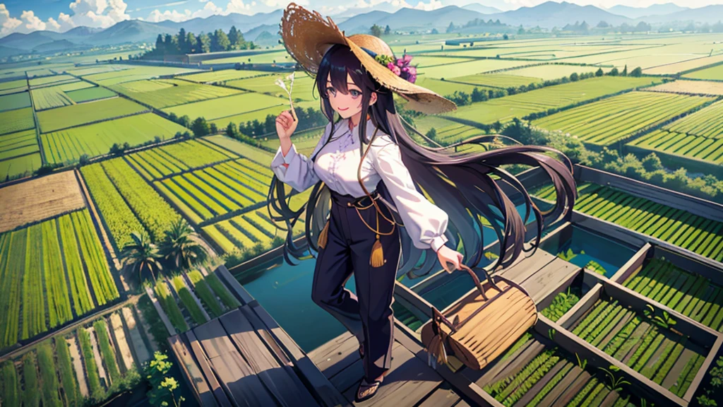 View from the summit,Small seedlings growing in rice paddies,Rice cultivation,Rice transplanter,Poor quality work clothes,Long sleeves and trousers,Purple long hair,Large Breasts,smile,Straw hat