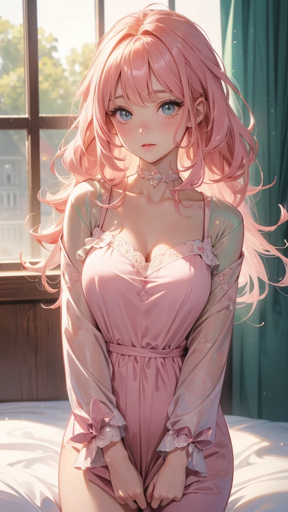 Big and beautiful pink hair, curly hair ; break; light yellow eyes, rosto angelical, gorgeous face, blushed face; rosto ultra detaild; break ; wearing cute light green choker kigurimi pajamas ; break ; (best qualityer), ((ultra detaild)), (best resolution, ( 4K ) soft strokes, role model, work of art, closes ; break ; ( dimly lit room in the background)