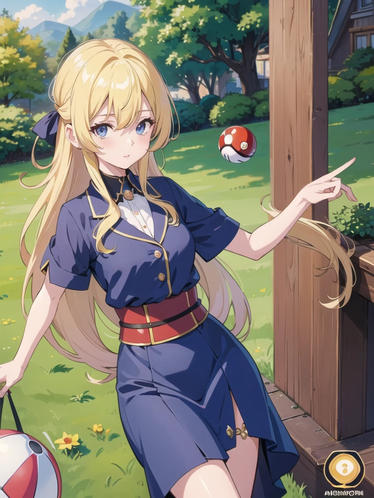 (masterpiece:1.2), (4k wallpaper), cynthiapkm, 1girl, solo, looking at viewer, long_hair, blonde_hair, hair_ornament, hair_over_one_eye, poke_ball, holding_poke_ball, , outdoor, animescreencap, 