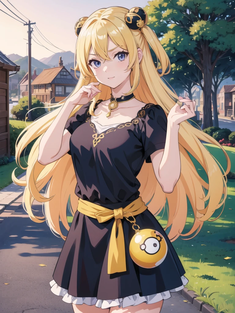 (masterpiece:1.2), (4k wallpaper), cynthiapkm, 1girl, solo, looking at viewer, long_hair, blonde_hair, hair_ornament, hair_over_one_eye, poke_ball, holding_poke_ball, , outdoor, animescreencap,