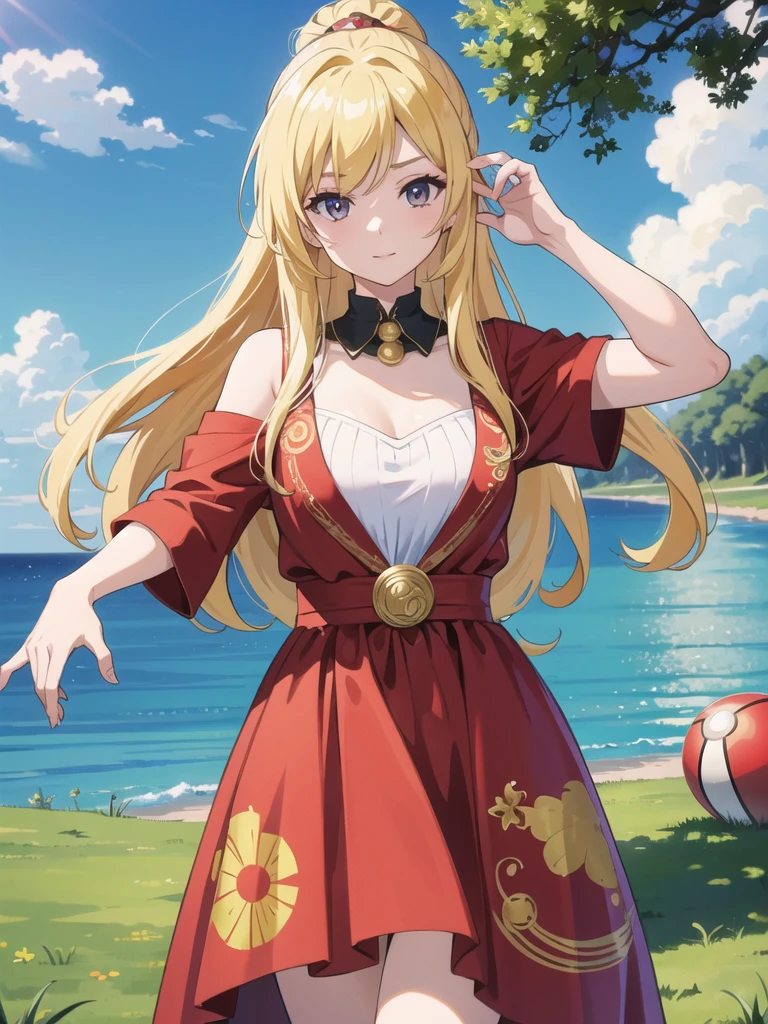 (masterpiece:1.2), (4k wallpaper), cynthiapkm, 1girl, solo, looking at viewer, long_hair, blonde_hair, hair_ornament, hair_over_one_eye, poke_ball, holding_poke_ball, , outdoor, animescreencap,