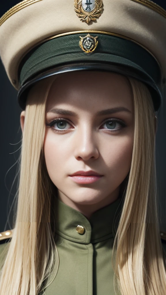 a beautiful detailed eyes, beautiful detailed lips, extremely detailed eyes and face, long eyelashes, 1girl, marie, blonde hair, green eyes, bc freedom military uniform, military hat, intricate details, dynamic pose, cinematic lighting, photorealistic, hyper realistic, 8k, masterpiece, award winning, digital art, concept art, portrait, best quality