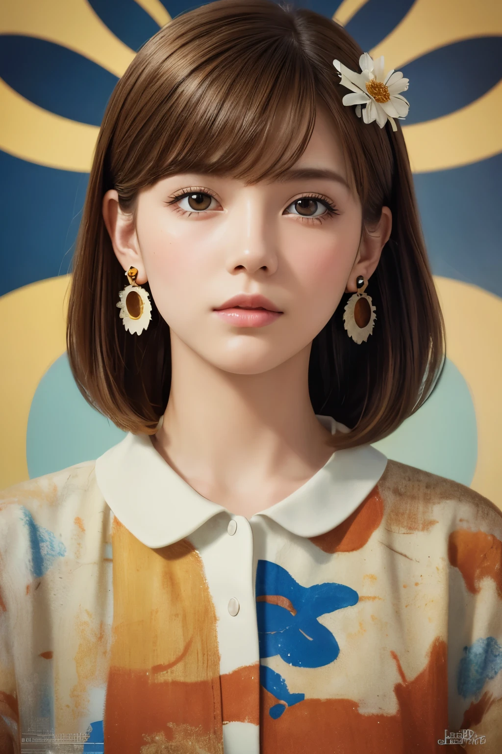 High resolution, Brown Hair, bangs, Gaze, Simple Background, Earrings, Hair Flower, abstract expressionism, american style propaganda poster, Highest quality, Impressionism, masterpiece, High-resolution model, Textured skin, Brown Hair, Shiny Hair, tears, 3D Isometric, Angel Halo, Sparkle Effect, american style propaganda poster, Anime Style,