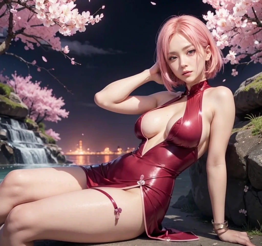 sakura haruno, exposed leg dress, maturebody, beautiful face, sultry posing, big buttocks, illustration, high resolution, ultra detali, realisitic, swirly vibrant colors, soft lighting, cherry blossom theme