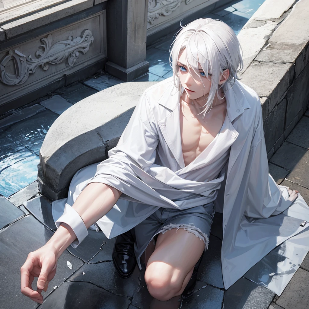 best quality, Masterpiece,white hair, blue eyes, young man, Slippery hair,grave,cry