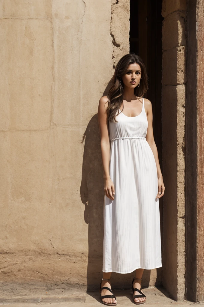 Tall woman with white brown hair wearing long white dress with black stripes and wearing brown huaraches