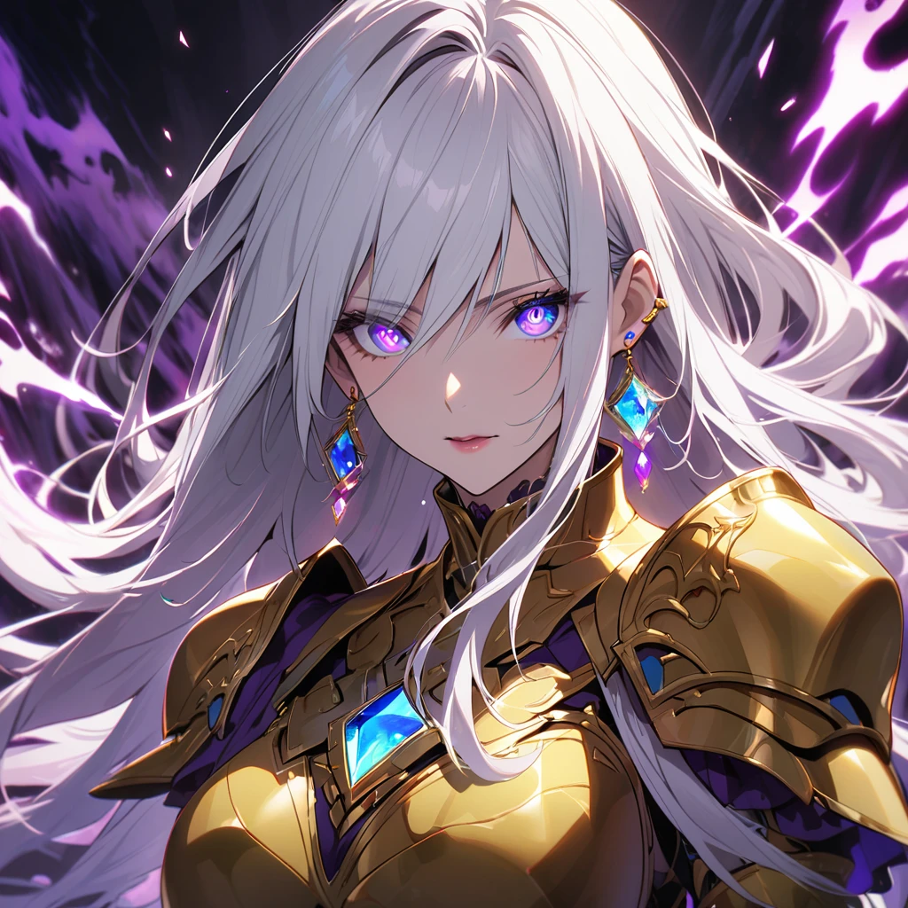 woman, blue eyes, long hair, white hair, mature, god eyes, diamond earings, glowing right eyes, two colors eyes, purple eyes, golden armor, dark aura, 