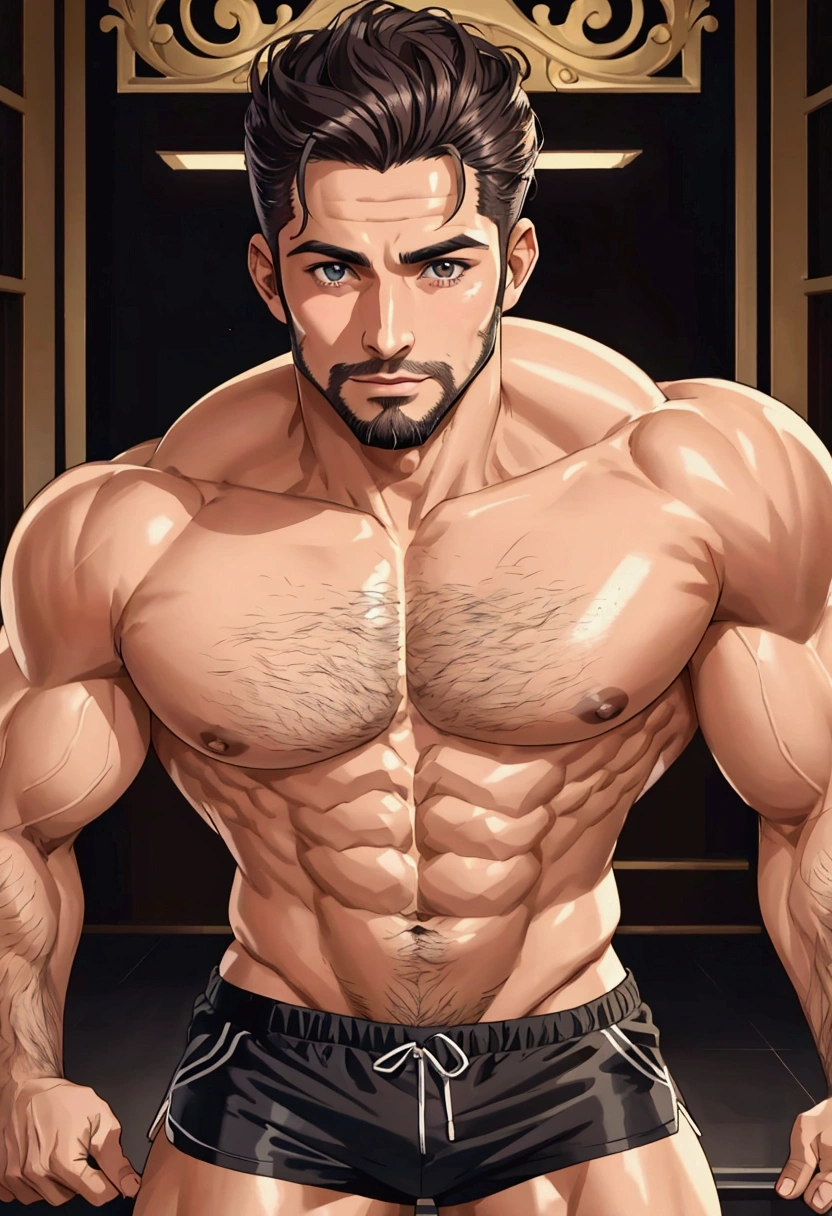 attractive 30 year old man topless in gymshorts, body builder style body, Belle barbe , Executive Sexy Man, Terno donc, Front camera focus, mode portrait, perfectly straight in front of the camera