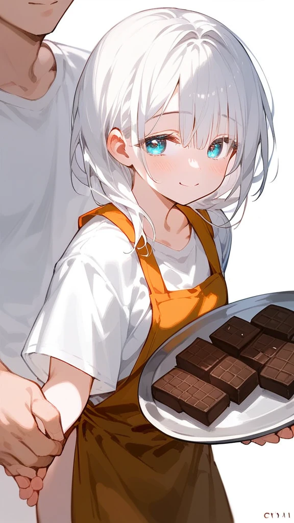 (((Short White Beautiful Hair))),Creamy white hair,kawai,(((Long bangs almost cover the eyes))),,,(blue color eyes),,(cyany slanted eyes), Cute and adorable (wearing a plain white t-shirt) wearing a brown apron (Hand holding a tray containing small chocolate cookies) Soft smile (cute Kawai) anime, shy Sincere
