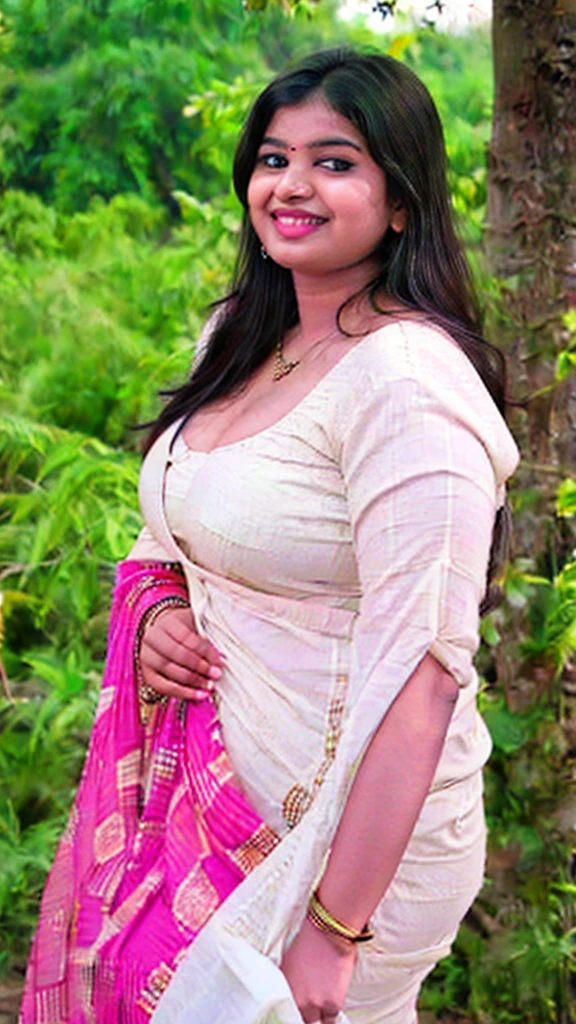 Indian woman masterpiece, best quality, ultra-detailed,, wearing hook blouse, 20 years old, (chubby cheeks:1.1), (curvy body:1.2), (bindi), An Indian beauty, charismatic, light Indian- skin, view the viewer, naughty smile, Indian village,big chest fat Chubby front doggy down big  Cleavage Village light, side lighting, ultra high resolution, best shadow, RAW, seductive look, 4k