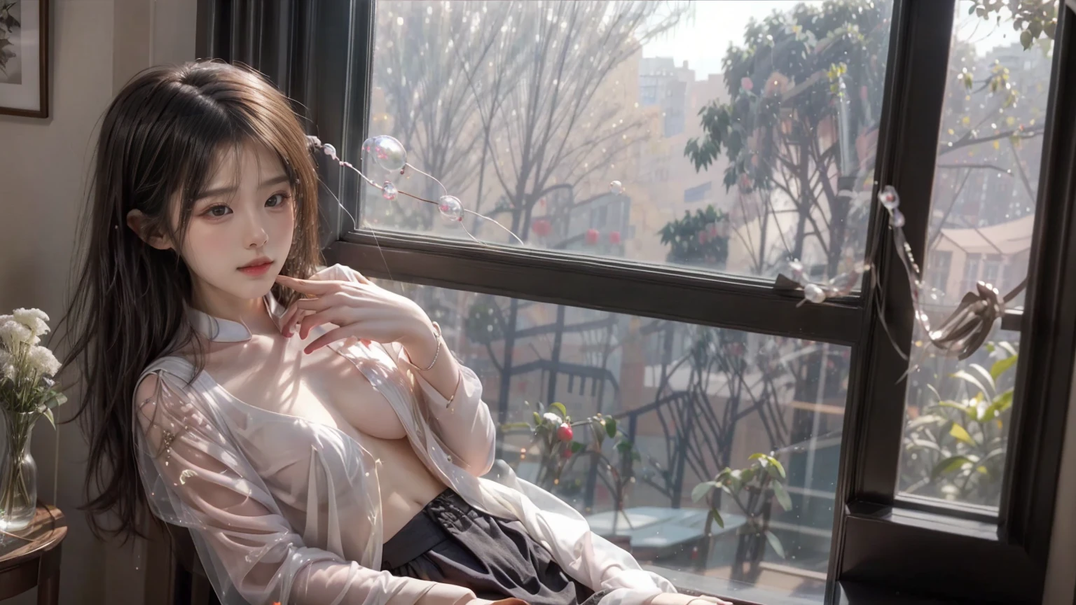 There is a girl sitting on a table full of bubbles、In a room with a window, Pictures inspired by Yanjun Cheng, Douban, concept-art, Shot with Canon EOA 6 D Mark II, airbubble, elegant bubbles, foamy landscape, Ethereal and dreamy, Soft portrait shooting 8 K, Nam Jae-yeon, Dreamy and ethereal, soap bubble mind, fizzy