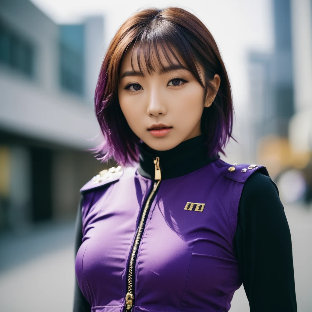 (Upper Body, From below the front), Hasselblad X2D 100C + XCD2,5/55Vf/2, Kodak Professional Gold 200 Film, purple　gag,Sharp focus, ((Beautiful young idol face of Japanese model)), ((Minzy&#39;s face in New Jeans: 1.0)), Winged eyeliner, A friendly smile, Dynamic action posing, Shiny bright realistic textured skin, Straight long hair, Wind Storm Turmoil, Film Grain, Tilt Shift, Bokeh, Shallow depth of field, Cinematic, Night view of Yaowarat Road, Vivid sky light, 