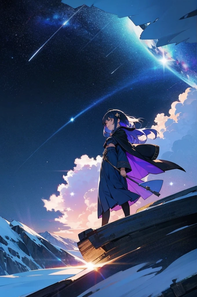 Beautiful girl, At the top of the mountain, Night view, Night Sky, Starry Sky