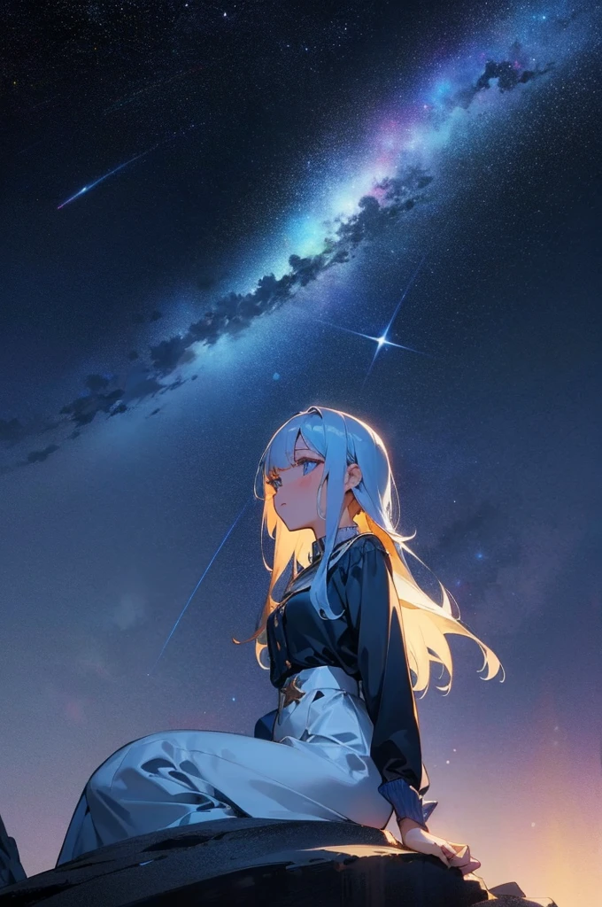 Beautiful girl, At the top of the mountain, Night view, Night Sky, Starry Sky