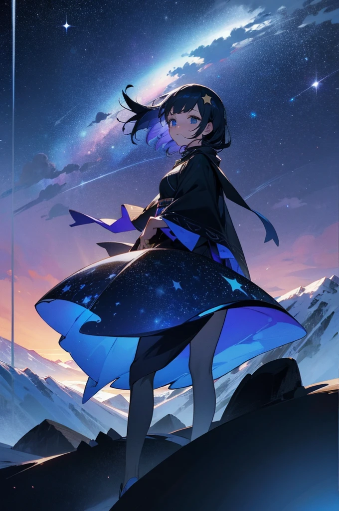 Beautiful girl, At the top of the mountain, Night view, Night Sky, Starry Sky