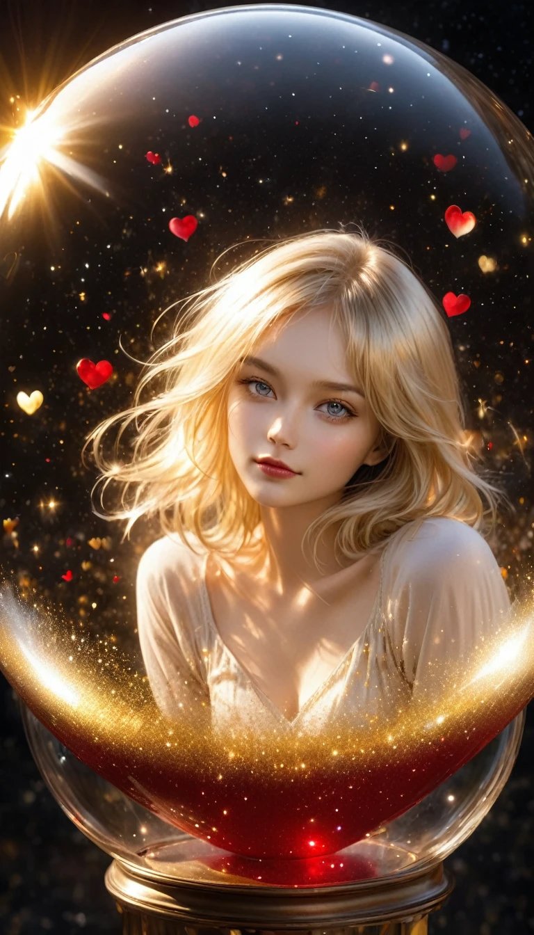 In a golden transparent glass bubble, Dark Star Background, Beautiful blonde 30 year old angel with a red heart, k resolution super detailed