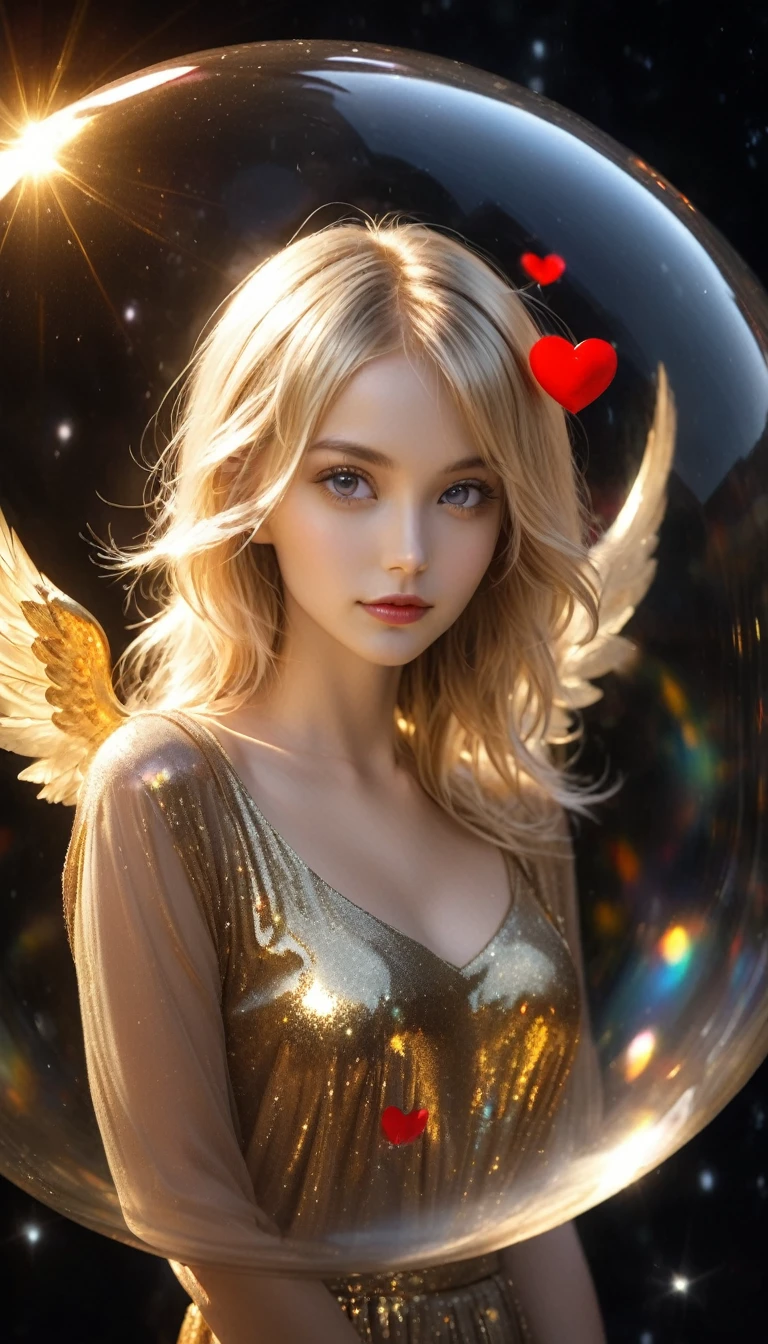 In a golden transparent glass bubble, Dark Star Background, Beautiful blonde 30 year old angel with a red heart, k resolution super detailed