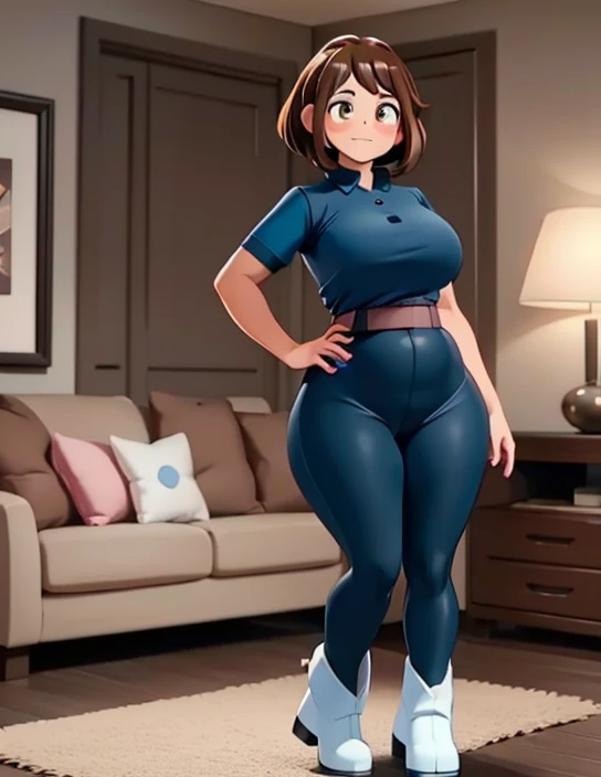 1girl, solo, Imagine Ochaco Uraraka being a 45 year old mother, MILF, brown hair, brown eyes, blush stickers, short hair, Mature Face, brown hair, brown eyes, blush stickers, short hair, medium breasts, curvy female, thick thighs, curvy body, curvaceous belly, round belly, muffin-top, love handles, chubby, ((Wearing: dark blue shirt, black leggings and white heeled boots)), indoors, detailed background, living room, wide shot, (Standing:1.2)