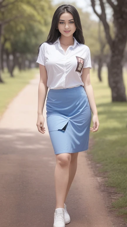 1girl, a girl in the middle of a park, 19-years-old-girl,  (full body portrait:1.5), (Indonesian_high_school_uniform), detailed face, detailed eyes,  detailed skin, looking at Viewer, clear light, (8k, RAW photo, best quality, masterpiece: 1.4), (realistic, realistic: 1.37), ultra-high resolution, photorealistic, high resolution, solo, wide muscular hips, realistic face, (detailed face), sexy pose, proportional body, full body view, show legs, sensual smile, wearing white shirt, wearing grey blue skirt, smooth skin 