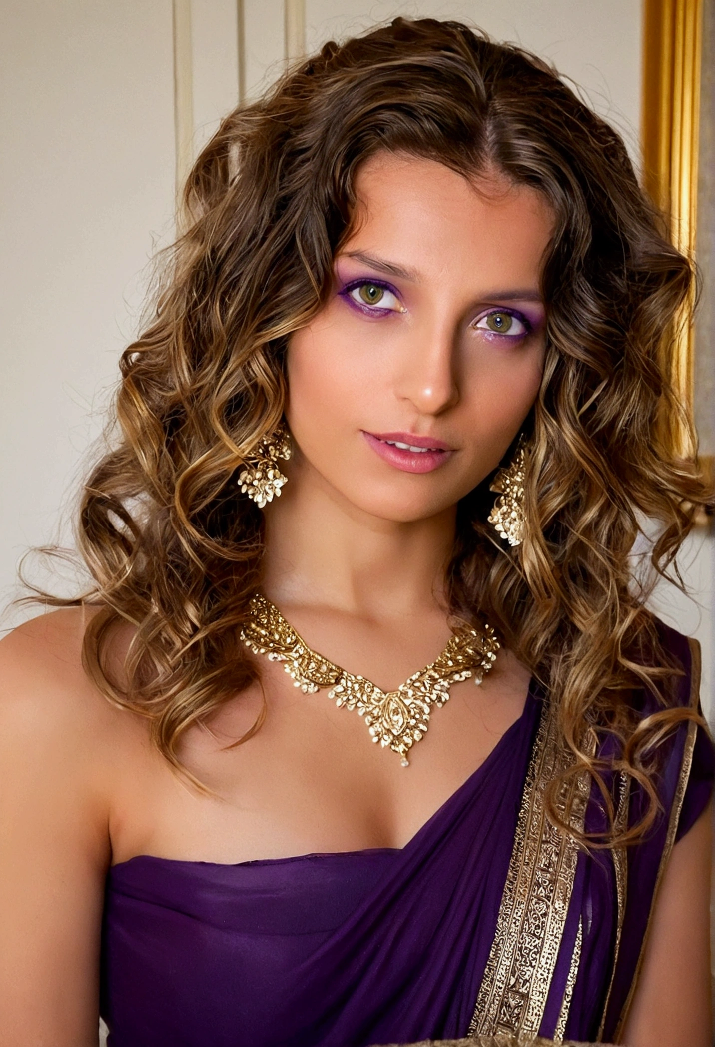  French woman with wavy hair and purple eyes, wedding saree, 25 year old, photograph, jasmine flowers in her hair, gold necklace, breasts, sexy, bedroom, topless