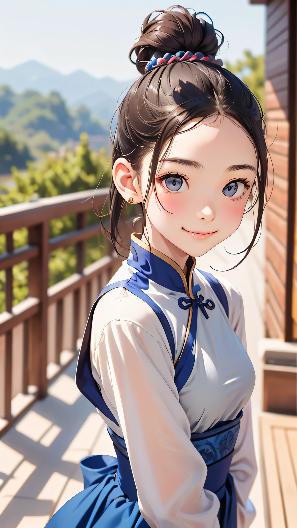 Highest quality、Realistic、girl、zoom、cute、Grey Eyes、Hair Bun、Chestnut Hair、Back to all、the forehead is protruding、Blue Chinese Dress、Looking down、Big smile、Bust Shot、thin、Small breasts
