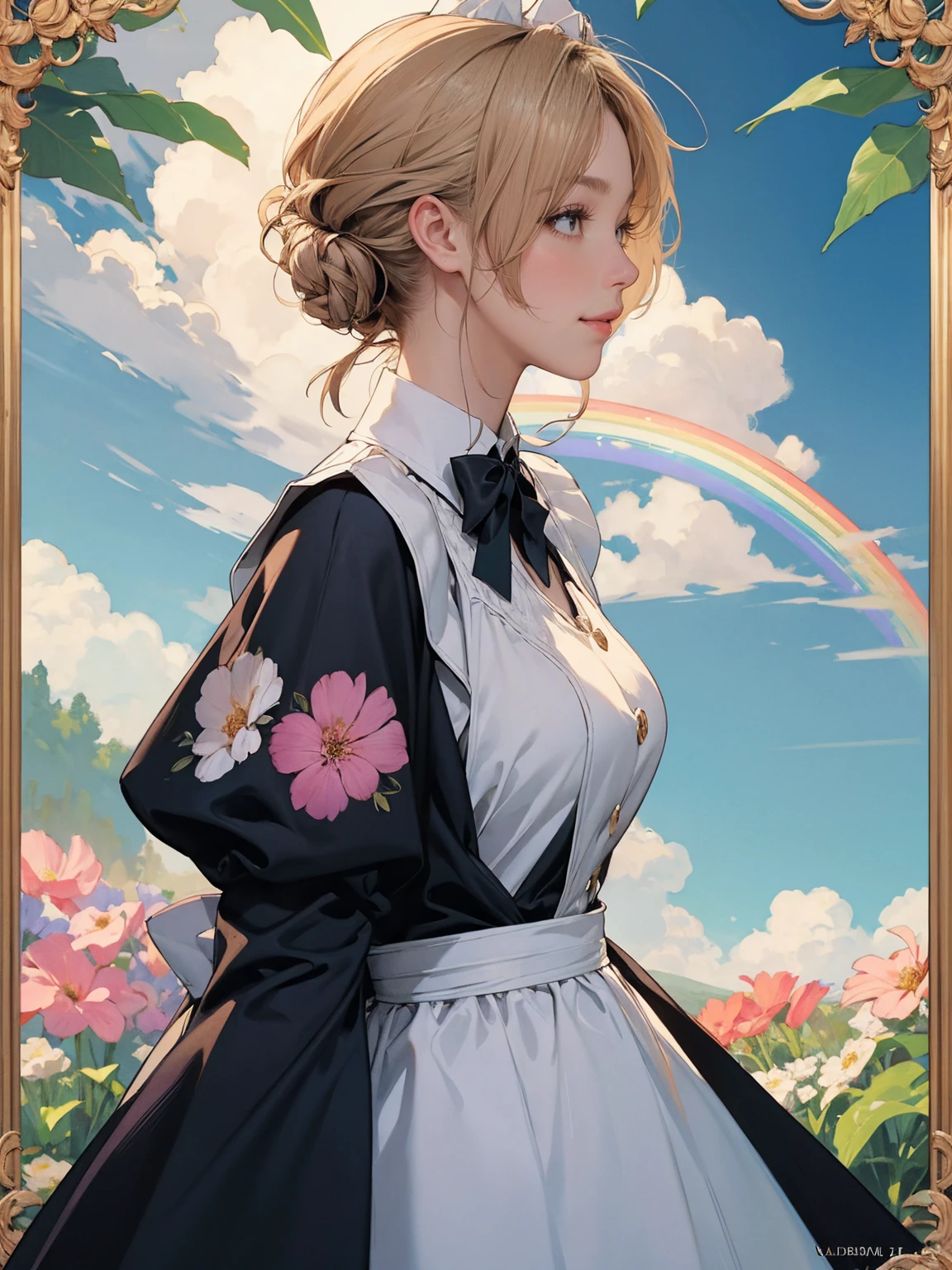 (masterpiece:1.1),(super realistic:1.0)(extremely detailed, intricate details, highres,2.5d:1.1),(profile photo), 1girl, (medium shot), beautiful woman,(Violet Evergarden:1.3), makeup, large breasts,(eye line:1.2), mascara, BREAK (bowtie), (Detailed Maid:1.4),crepe_fabric_Detailed_Clothes,puffies_long_Detailed_sleeves, soft shadow to face, BREAK (background is beautiful gorgeous garden), (lot of flower), Create a luxurious atmosphere, organic shape and Nature-inspired garden, BREAK (Art Nouveau:1.4), (elegant forms, Natural Inspiration),(Wonderland, Fantasy,:1.3),(Rainbow,flower tree,sweets Clouds:1.5),(yumekawa,yumekawaii,pastel color:1.3),(sweets garden:1.3),(land of sweets,confections,rainbow arch:1.3),(Sugar confectionery,round rainbow frame:1.3),bloom,blue sky,cowboy_shot, look away