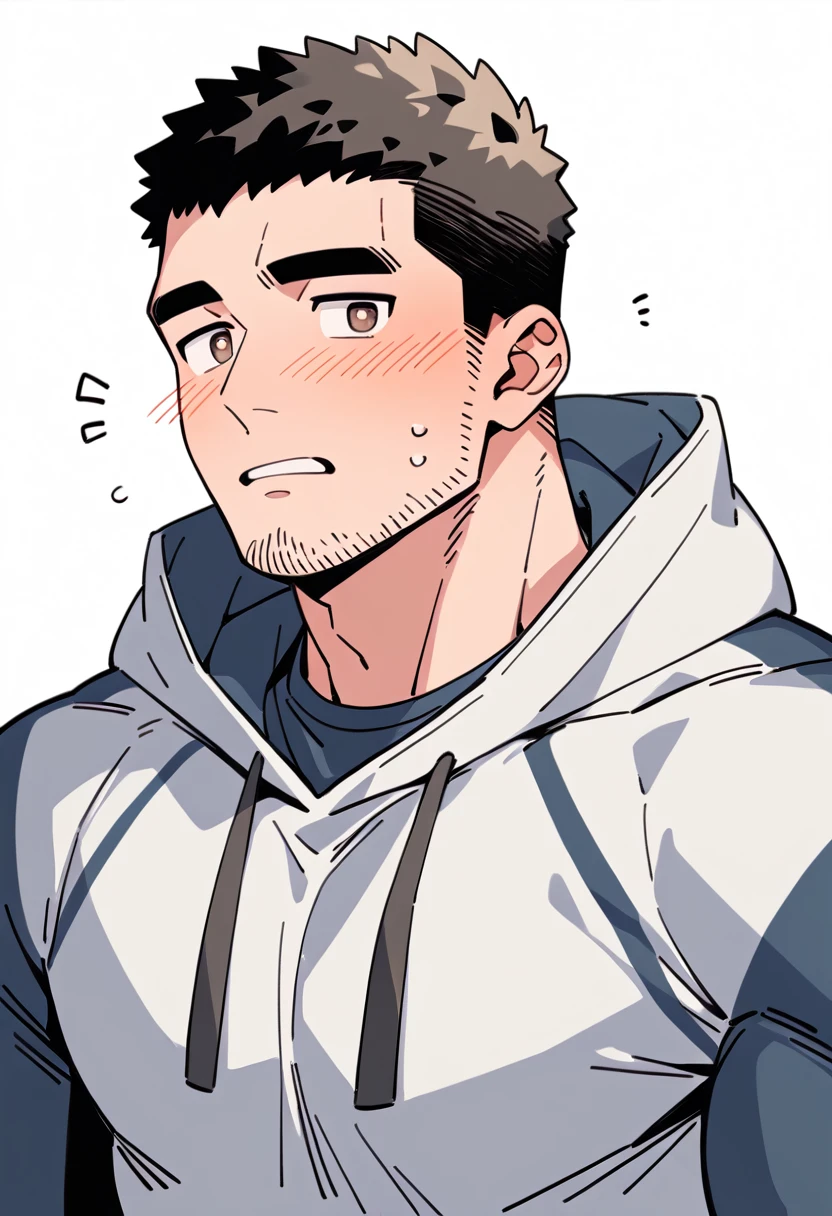 anime characters:Chris Redfield, Muscle Sports Student, Buzz Cut, Manliness, male focus, Sports tight hooded sweatshirt, Wear a black high-necked tights inside, Very tight, full and perky chest muscles, muscular male, muscular, only, Upper body, alone, Red short hair, Thick eyebrows, stubble, Brown-red pupils, White background, simple background, amazing quality, best aesthetics, Ridiculous, crew cut, parted lips, flustered, endured face, shy, blush, negative space, best quality