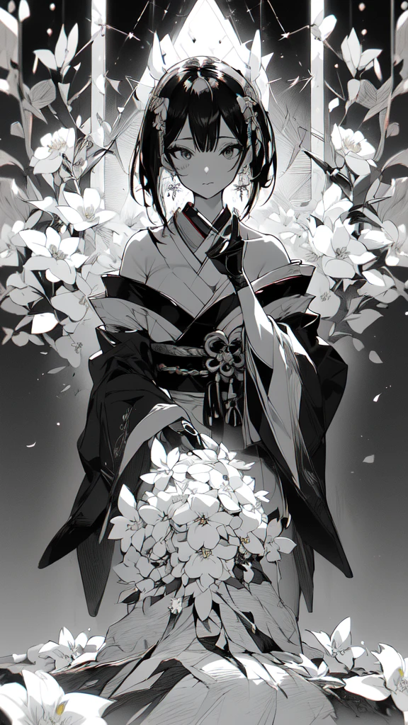 {{{{masterpiece}}}}, {{{hyper detailed}}}, {{{highres}}}, {{good anatomy}}, (((best quality))), ((an extremely delicate and beautiful)), {{an extremely detailed and delicate}}, {8k cg wallpaper}, {{illustration}}, (greyscale with colored background:1.1), (white and black background:1.1), midjourney, (flowers:1.2), (chromatic aberration:1.2), mature female, (1girl:1), solo, oiran, (off-shoulder japanese clothes:1.2), (pale face:1.2), medium breasts, hiten1,