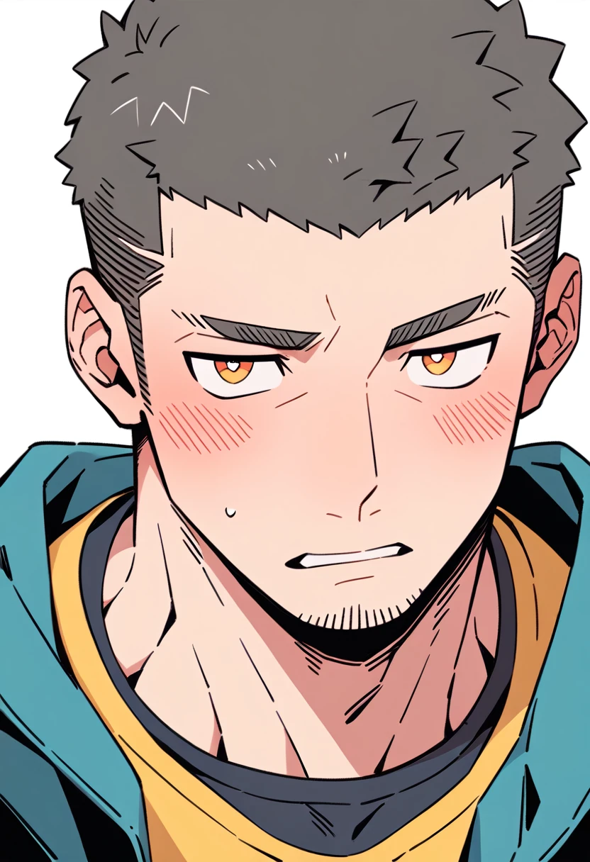 anime characters:Priapus, Muscle Sports Student, Buzz Cut, Manliness, male focus, Sports tight hooded sweatshirt, Very tight, full and perky chest muscles, muscular male, muscular, only, Upper body, alone, Red short hair, Thick eyebrows, stubble, Brown-red pupils, White background, simple background, amazing quality, best aesthetics, Ridiculous, crew cut, parted lips, flustered, endured face, shy, blush, negative space, best quality