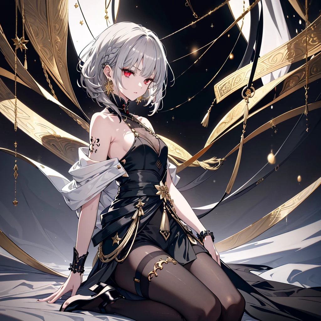 8k,High resolution RAW color art,Anime Art,Silver Marble Skin, (((Very detailed and cool))), Detailed skin, Bokeh、texture,(Exquisitely crafted, The finer details, Ultra-detailed art), (((1 girl))), Depth of written boundary, Silky Touch, Hyper Detail, (((Cool face))), eye shadow, Beautiful detailed red eyes, Beautiful lip detail, Highly detailed face, Delicate depiction of hair and eyes, Detailed Fashion, Golden Earrings,Full body depiction, Black half top、(((Shoulder Bare)))、Black shorts、Waist Cloak、Black thigh-high tights、Golden decoration, Light gray hair, Golden bracelet, Straight Hair、Short Hair、(((Hair)))、Simple Background、Black theme、snow、Side view、look down、cloth、Clear face、bed